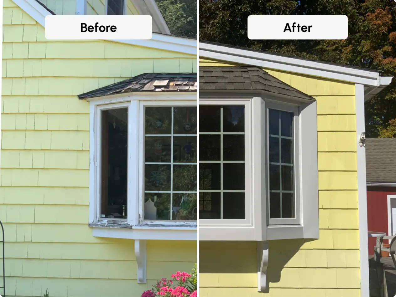 Before and after of a Bay & Bow window replacement.